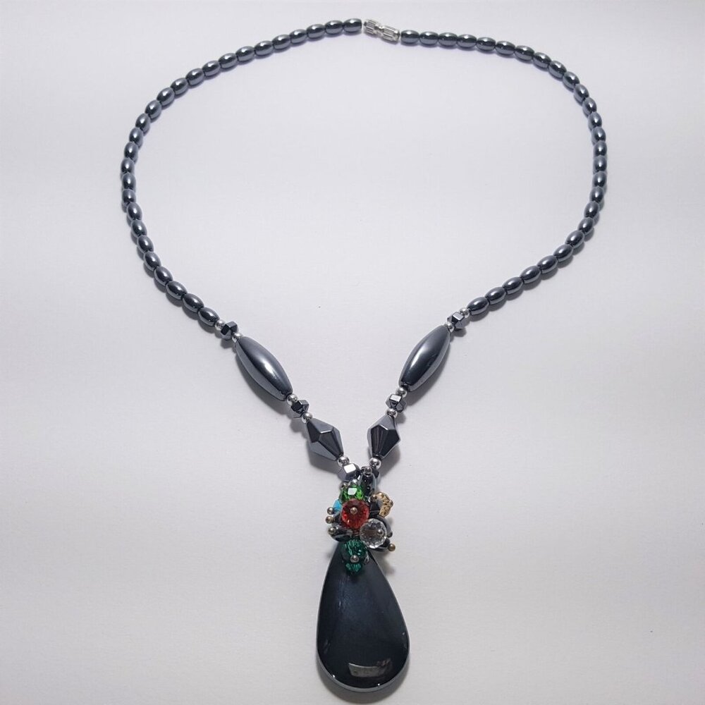 Black Hematite Gemstone Glass Stones Beads Necklace 18" Red Green Blue